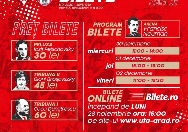 UTA vinde de astăzi bilete pentru meciul cu Sepsi