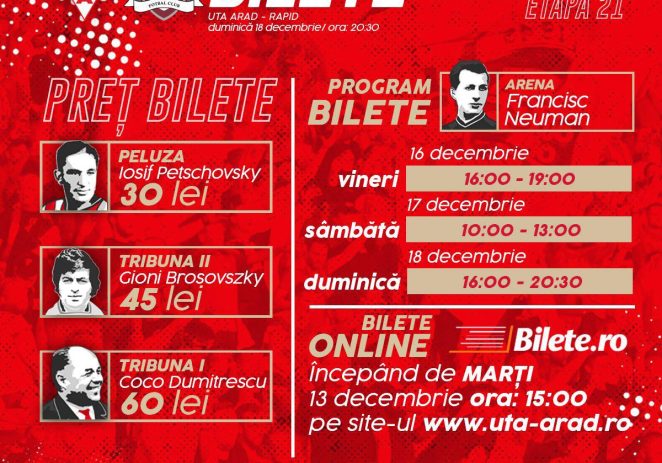 De astăzi se pot cumpăra bilete la meciul UTA – Rapid! Vezi program și prețuri