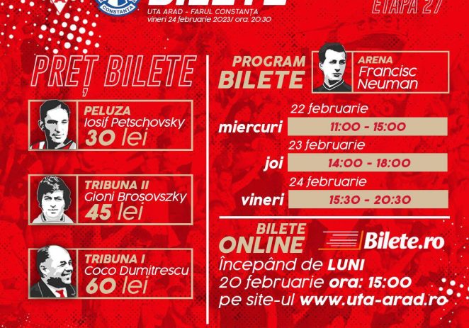 UTA pune în vânzare bilete pentru meciul cu liderul Superligii încă din prima zi a săptămânii