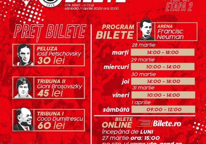 UTA pune în vânzare, începând de astăzi, biletele pentru meciul cu Universitatea Cluj
