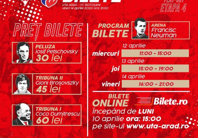 UTA pune în vânzare, începând de astăzi, bilete pentru meciul cu FC Botoșani