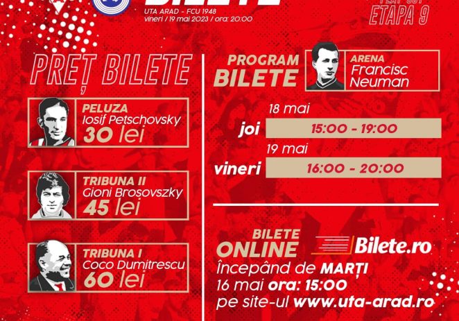 UTA pune în vânzare, de astăzi, biletele pentru meciul cu FCU Craiova